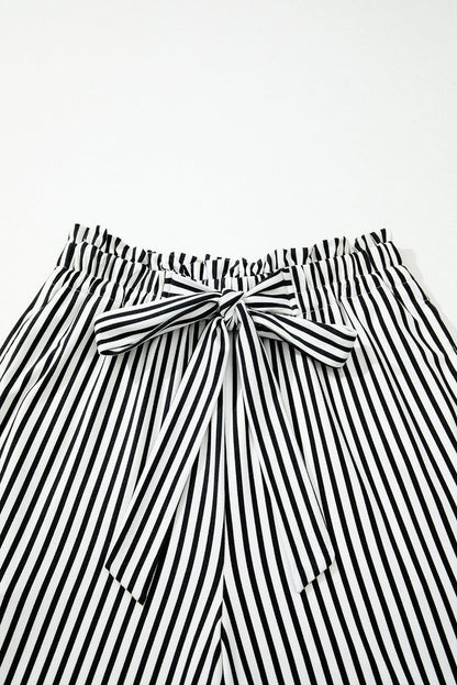 Black Stripe Tied High Waist Loose Straight Casual Pants