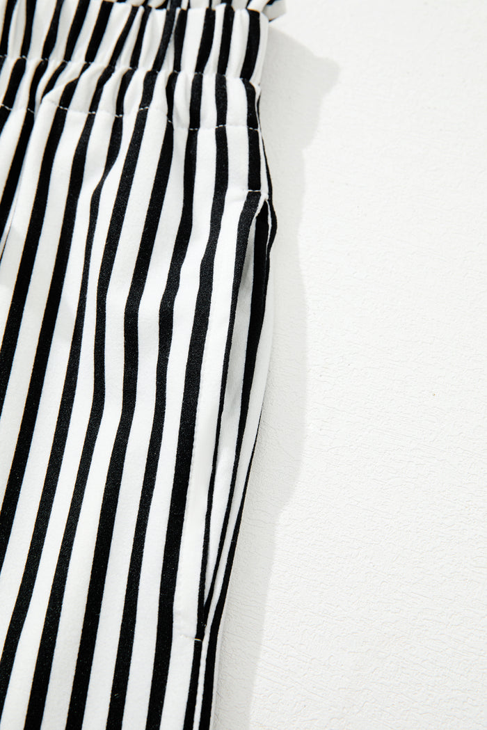 Black Stripe Tied High Waist Loose Straight Casual Pants