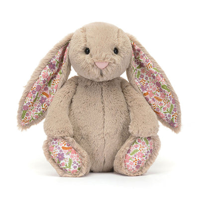 Jellycat Blossom Beige Bunny 'Petal' Original — front view of the larger original size, showing the beige plush body, long floppy ears with white floral lining in pink, purple, and orange, pink embroidered nose, black hard eyes, and floral paw pads, on a white background