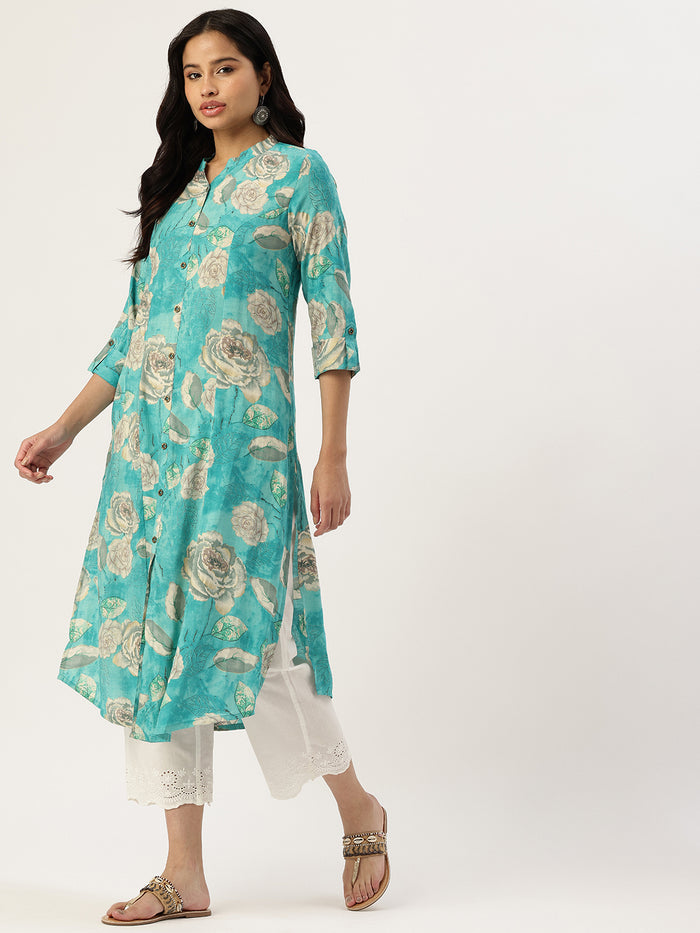 Blue Floral Printed Kurta, Princess Cur Kurta, A-Line Kurta, Floral Print, Mandarin Collar kurta, printed kurta