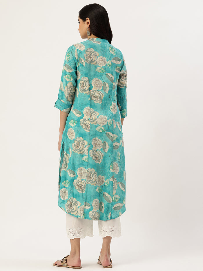 Blue Floral Printed Kurta, Princess Cur Kurta, A-Line Kurta, Floral Print, Mandarin Collar kurta, printed kurta