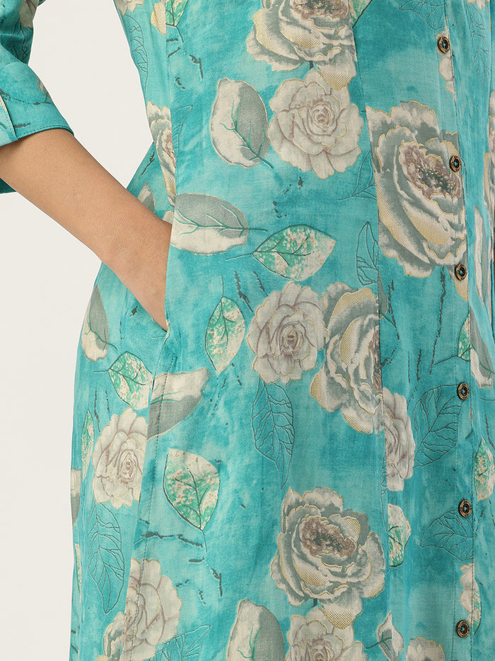 Blue Floral Printed Kurta, Princess Cur Kurta, A-Line Kurta, Floral Print, Mandarin Collar kurta, printed kurta