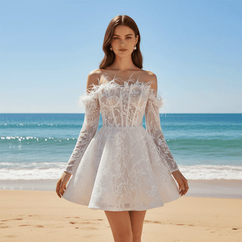 Boho Off-Shoulder Mini Wedding Dress with Feather Trim - Rosymae