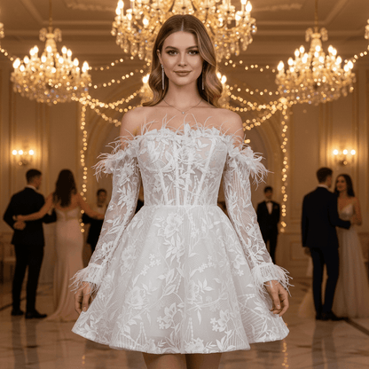 Boho Off-Shoulder Mini Wedding Dress with Feather Trim - Rosymae