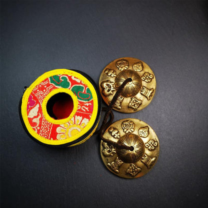 Brass Tingsha Set - Astamangal - 2.9" - Tibetan Buddhist art, view 5