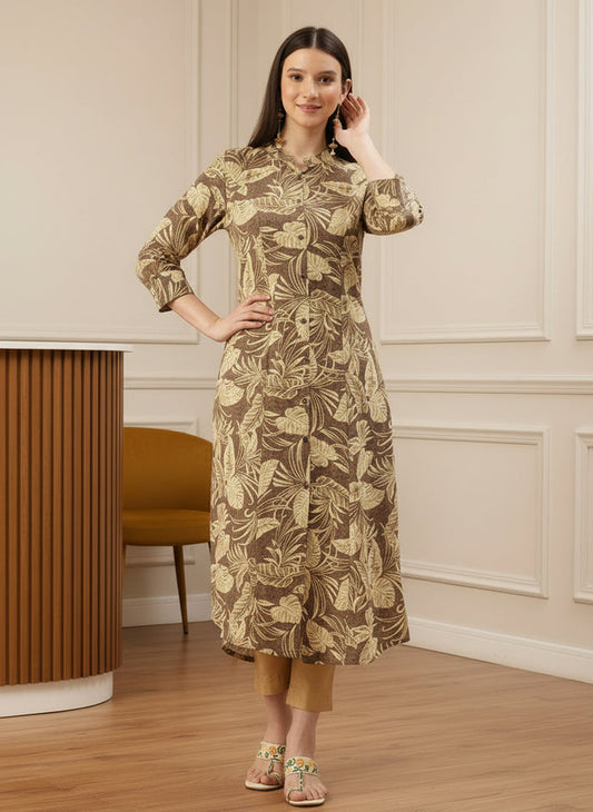 Brown Floral Printed Kurta, Princess Cur Kurta, A-Line Kurta, Floral Print, Mandarin Collar kurta, printed kurta