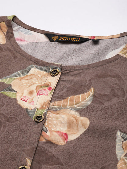 Woman wearing a floral-patterned brown kurta with white pants on a light background, Brown Floral Printed Kurta, Princess Cur Kurta, A-Line Kurta, Floral Print, Mandarin Collar kurta, printed kurta