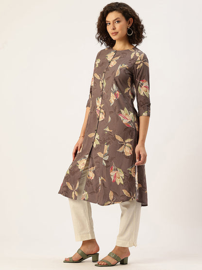 Woman wearing a floral-patterned brown kurta with white pants on a light background, Brown Floral Printed Kurta, Princess Cur Kurta, A-Line Kurta, Floral Print, Mandarin Collar kurta, printed kurta
