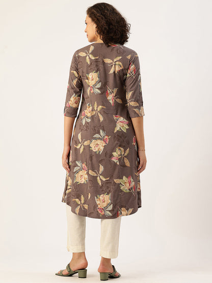 Woman wearing a floral-patterned brown kurta with white pants on a light background, Brown Floral Printed Kurta, Princess Cur Kurta, A-Line Kurta, Floral Print, Mandarin Collar kurta, printed kurta