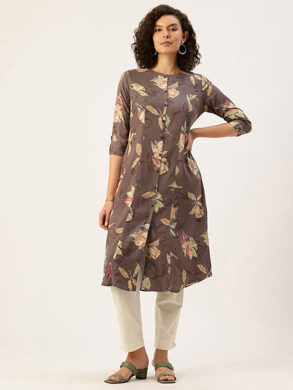 Woman wearing a floral-patterned brown kurta with white pants on a light background, Brown Floral Printed Kurta, Princess Cur Kurta, A-Line Kurta, Floral Print, Mandarin Collar kurta, printed kurta