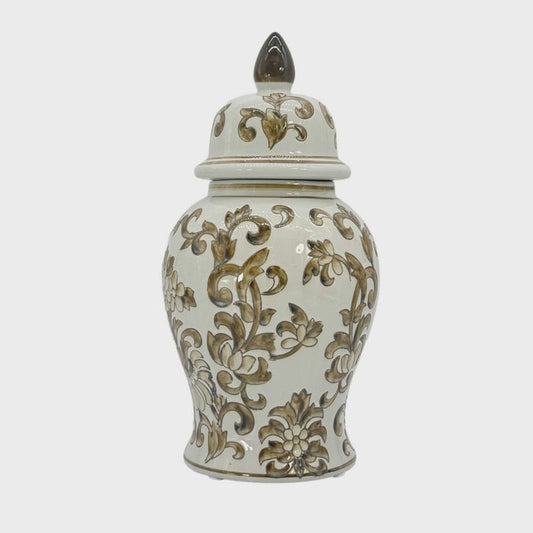 Brown & White Floral Chinoiserie Ginger Jar 14"