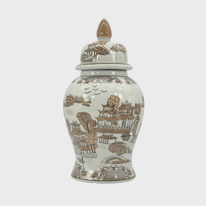 Brown & White Landscape Chinoiserie Ginger Jar 14"