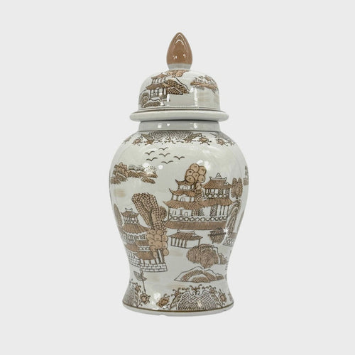 Brown & White Landscape Chinoiserie Ginger Jar 14"