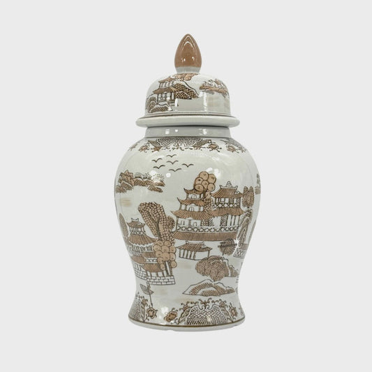 Brown & White Landscape Chinoiserie Ginger Jar 14"