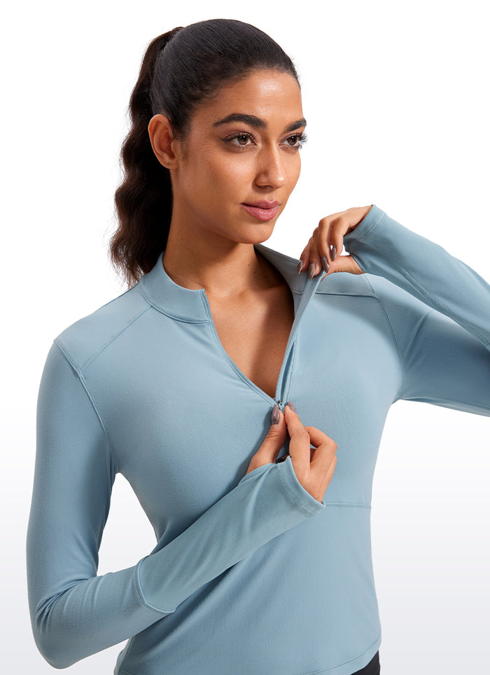 CRZ YOGA Women's Run Slim Fit Brushed Half-Zip Long Sleeve Cropped Light grayish blue