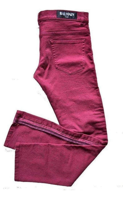 Balmain Balmain Burgundy Embroidered Trimming Slim Stretch Jeans - Runway Catalog