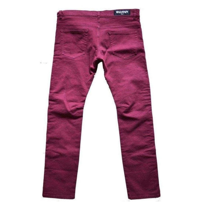 Balmain Balmain Burgundy Embroidered Trimming Slim Stretch Jeans - Runway Catalog