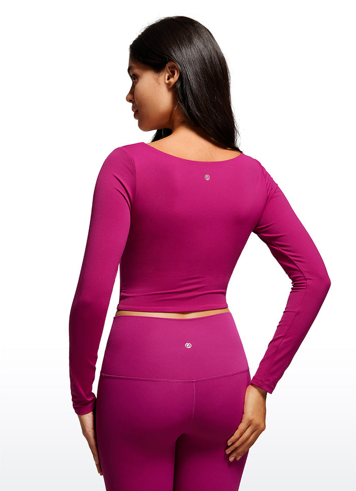 CRZ YOGA Women's Tight Fit Butterluxe Yoga Crop Long Sleeves Square Neck Magenta Purple