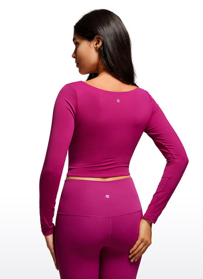 CRZ YOGA Women's Tight Fit Butterluxe Yoga Crop Long Sleeves Square Neck Magenta Purple
