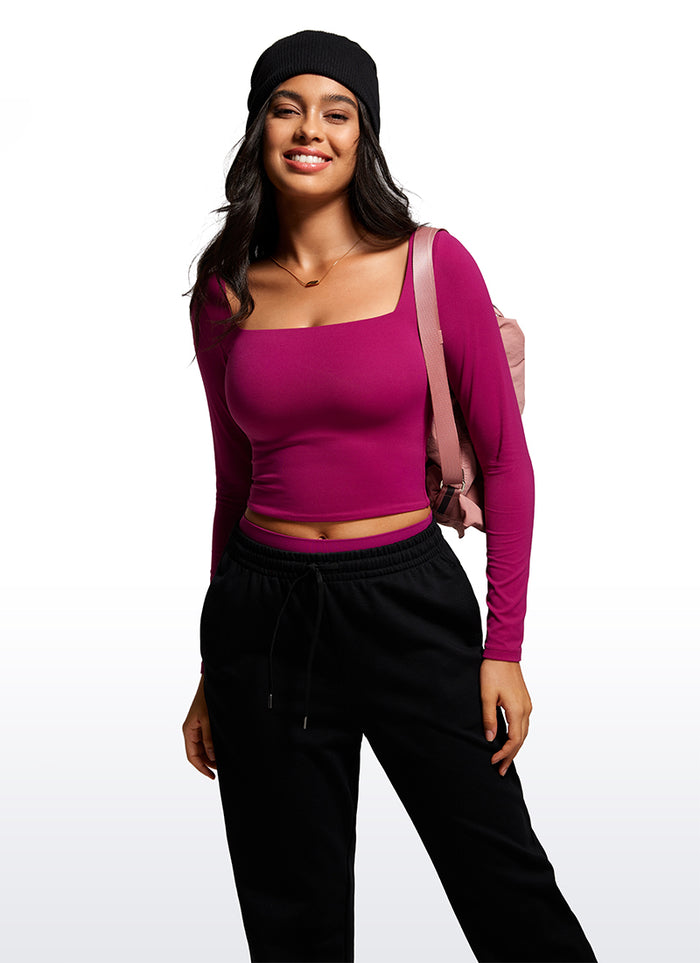 CRZ YOGA Women's Tight Fit Butterluxe Yoga Crop Long Sleeves Square Neck Magenta Purple