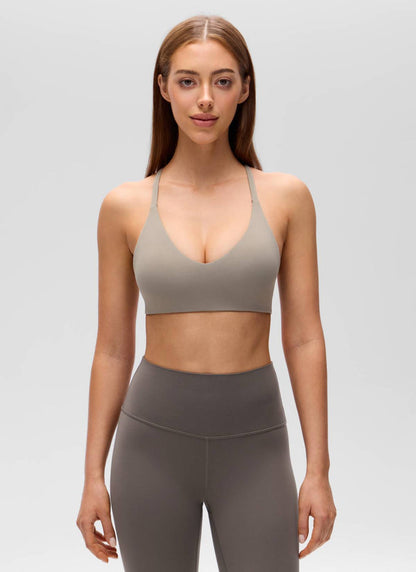 CRZ YOGA Women's Butterluxe V Neck  Racerback Thin Straps Sports Bra Warm Ash Grey