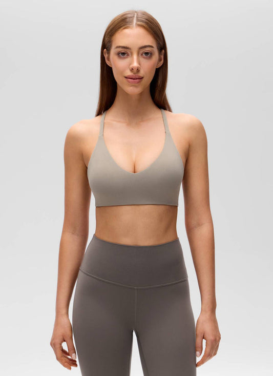 CRZ YOGA Women's Butterluxe V Neck  Racerback Thin Straps Sports Bra Warm Ash Grey