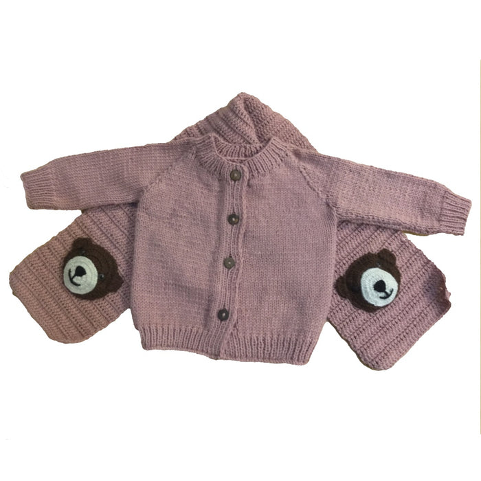 Cardigan with Bear muffler | Hand Knit 100% Wool | Size-2 years