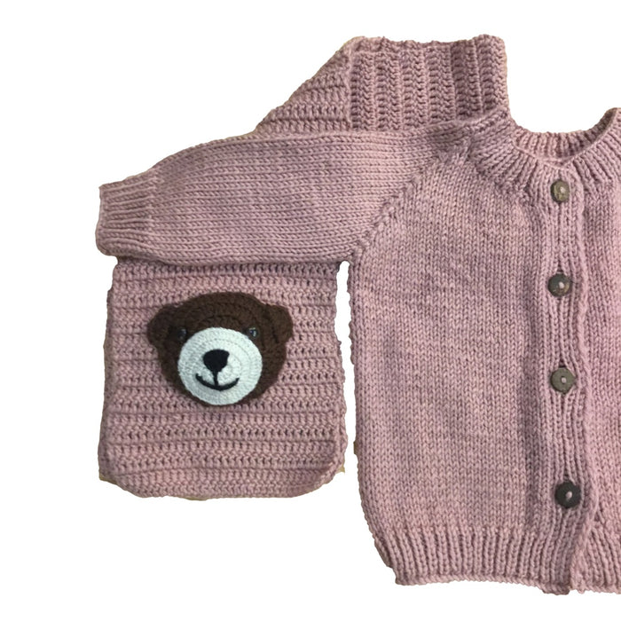 Cardigan with Bear muffler | Hand Knit 100% Wool | Size-2 years