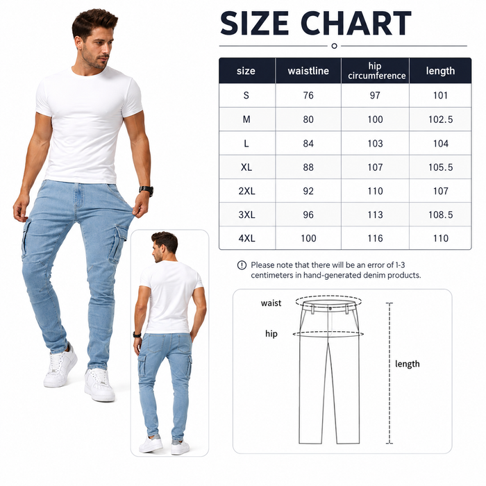 Stretch denim cargo pants showing utility pockets, cotton denim texture and slim leg form in a detailed product view for men.