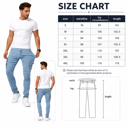 Stretch denim cargo pants showing utility pockets, cotton denim texture and slim leg form in a detailed product view for men.