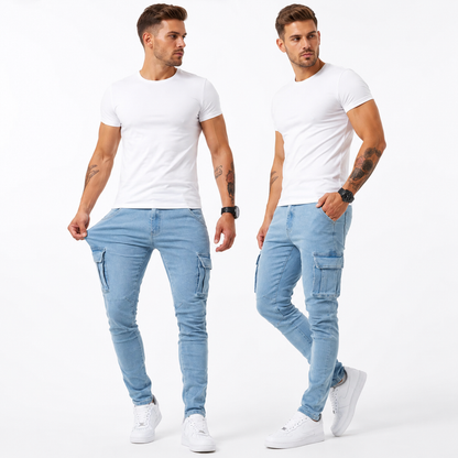 Two Ice Blue denim cargo pants views show slim leg, utility pocket styling and casual silhouette for clear product reference.
