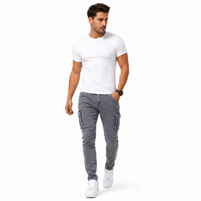Men's stretch denim cargo pants shown with utility pockets, slim leg shape and Ice Blue finish in one detailed product image.