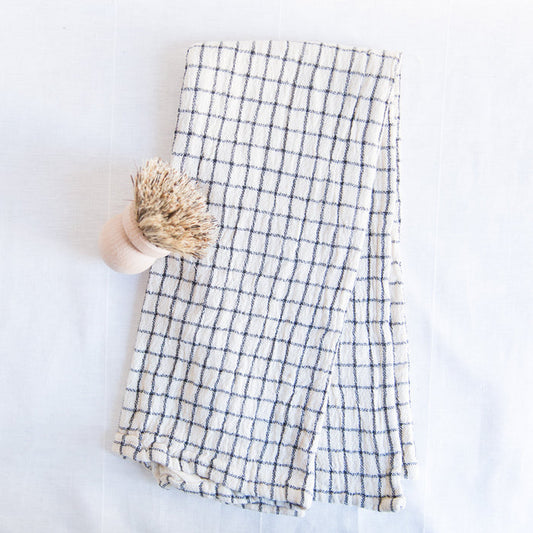 checkered cotton dishtowel with wooden scrub