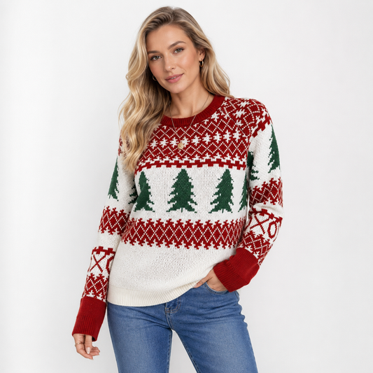 Women's Christmas tree sweater with round neck, festive pattern, ribbed details and a slightly stretchy fit for holiday wear.