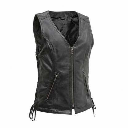 Cindy women's black sheepskin leather motorcycle vest front view