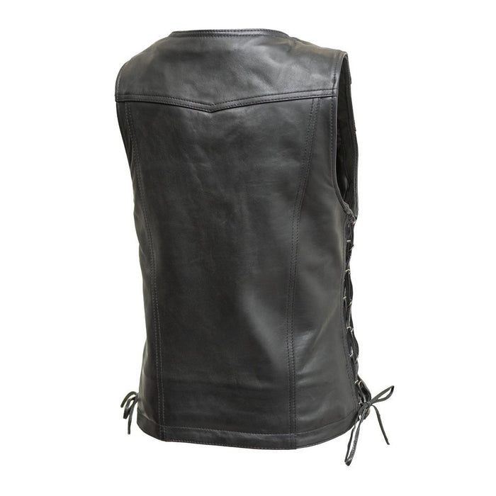 Cindy women's sheepskin leather motorcycle vest back view with side lacing