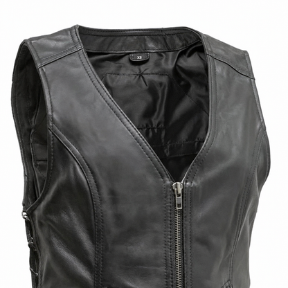 Deep V-neck and satin lining detail on the Cindy women's sheepskin vest