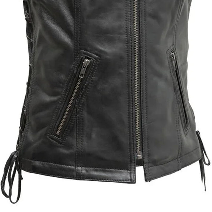 Center zipper and waist pocket detail on the Cindy women's leather vest