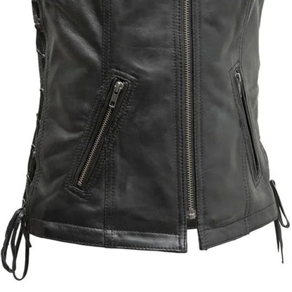 Center zipper and waist pocket detail on the Cindy women's leather vest