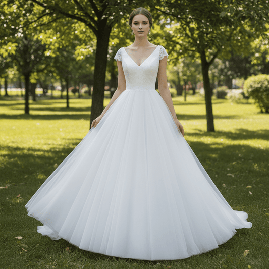 Classic A-Line Wedding Dress with V-Neckline Delicate Cap Sleeves & Layered Tulle Skirt - Rosymae