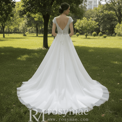 Classic A-Line Wedding Dress with V-Neckline Delicate Cap Sleeves & Layered Tulle Skirt - Rosymae