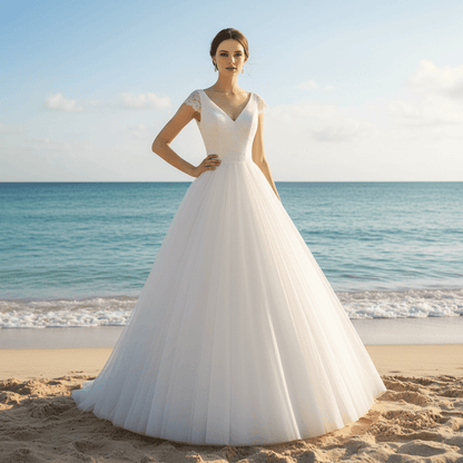 Classic A-Line Wedding Dress with V-Neckline Delicate Cap Sleeves & Layered Tulle Skirt - Rosymae