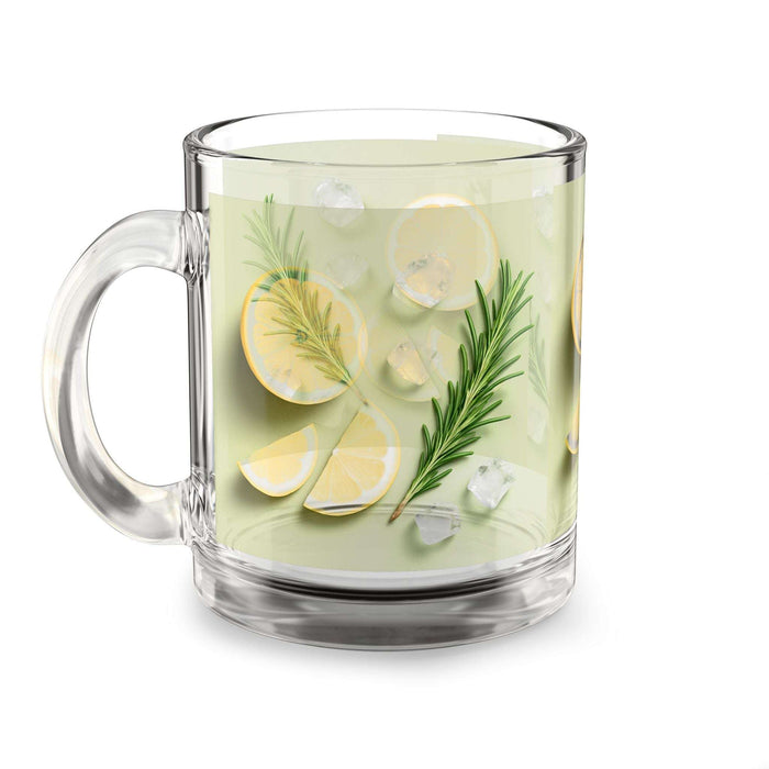 Clear glass mug filled with a green beverage, lemon slices, and rosemary on a white background