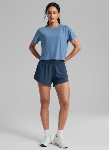 CRZ YOGA Women Cloudweight High Crew Neck Lightweight Loose Short Sleeve Washed Denim