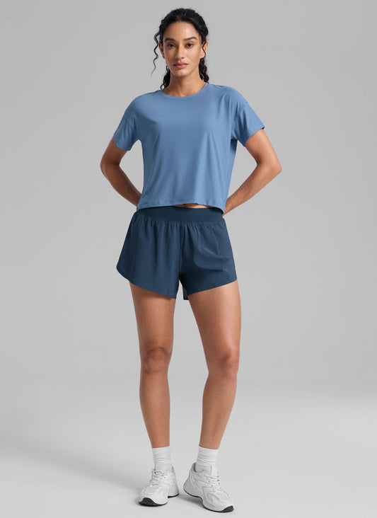 CRZ YOGA Women Cloudweight High Crew Neck Lightweight Loose Short Sleeve Washed Denim