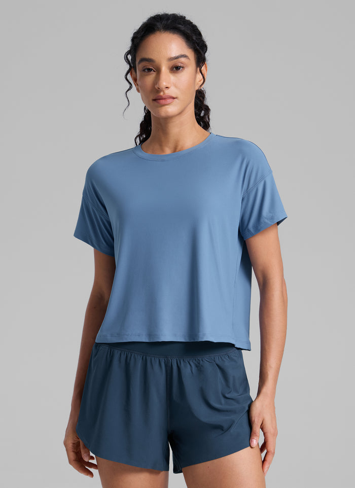 CRZ YOGA Women Cloudweight High Crew Neck Lightweight Loose Short Sleeve Washed Denim