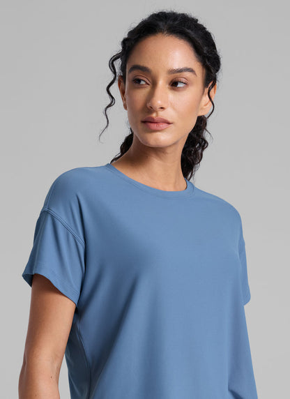 CRZ YOGA Women Cloudweight High Crew Neck Lightweight Loose Short Sleeve Washed Denim