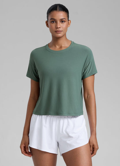 CRZ YOGA Women Cloudweight High Crew Neck Lightweight Loose Short Sleeve Graphite Green