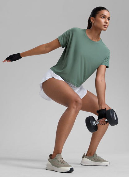 CRZ YOGA Women Cloudweight High Crew Neck Lightweight Loose Short Sleeve Graphite Green