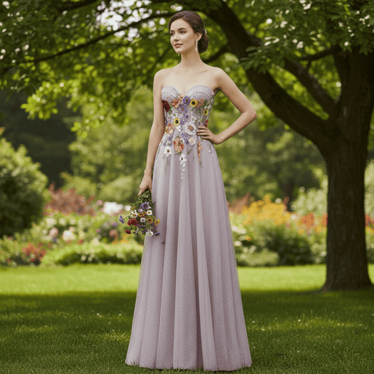 Colorful Embroidered A-Line Dress with Glitter Tulle Skirt and Cascading Wildflower Motifs - Rosymae